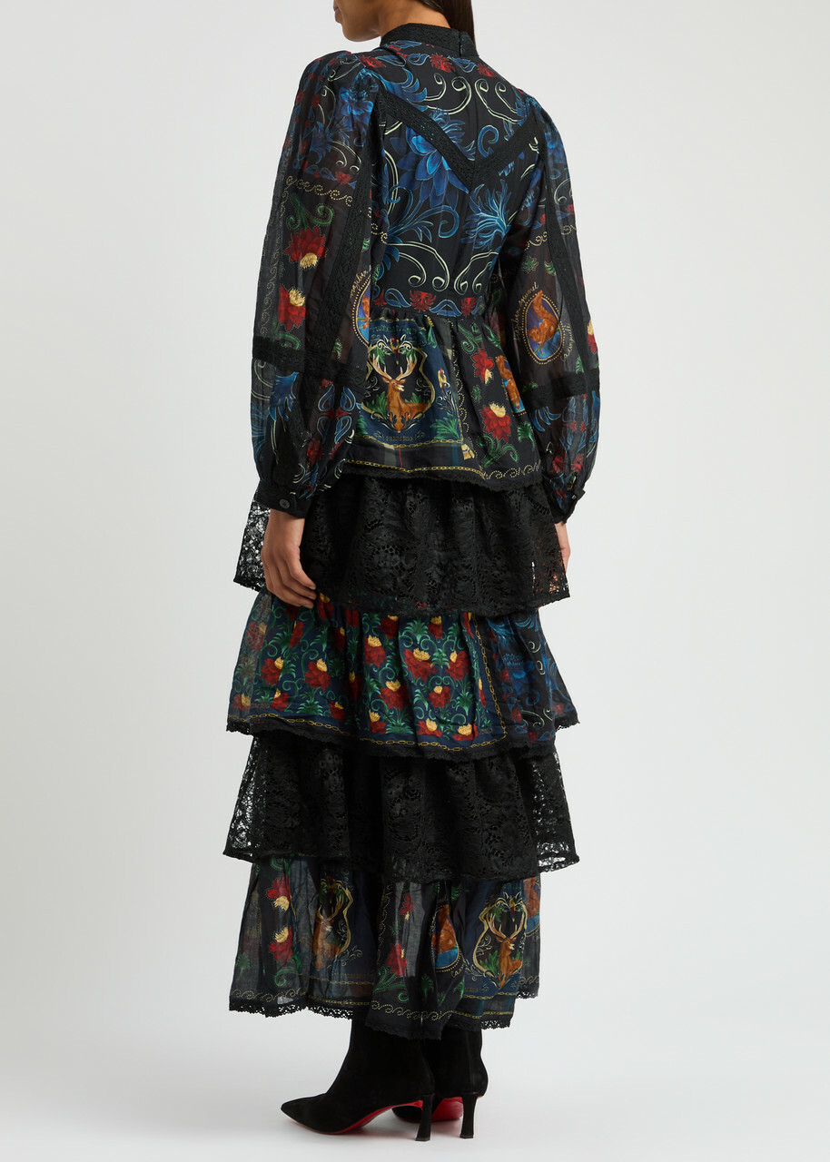 Farm Rio Printed Lace-trim Cotton Maxi Dress Black