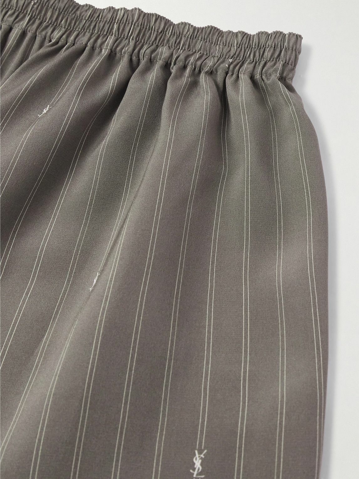 SAINT LAURENT - Straight-Leg Logo-Print Pinstriped Silk Shorts - Gray