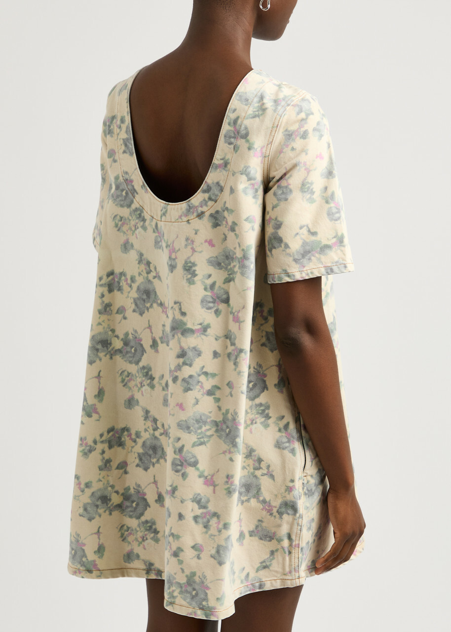 Ganni Floral-print Denim Mini Dress Beige