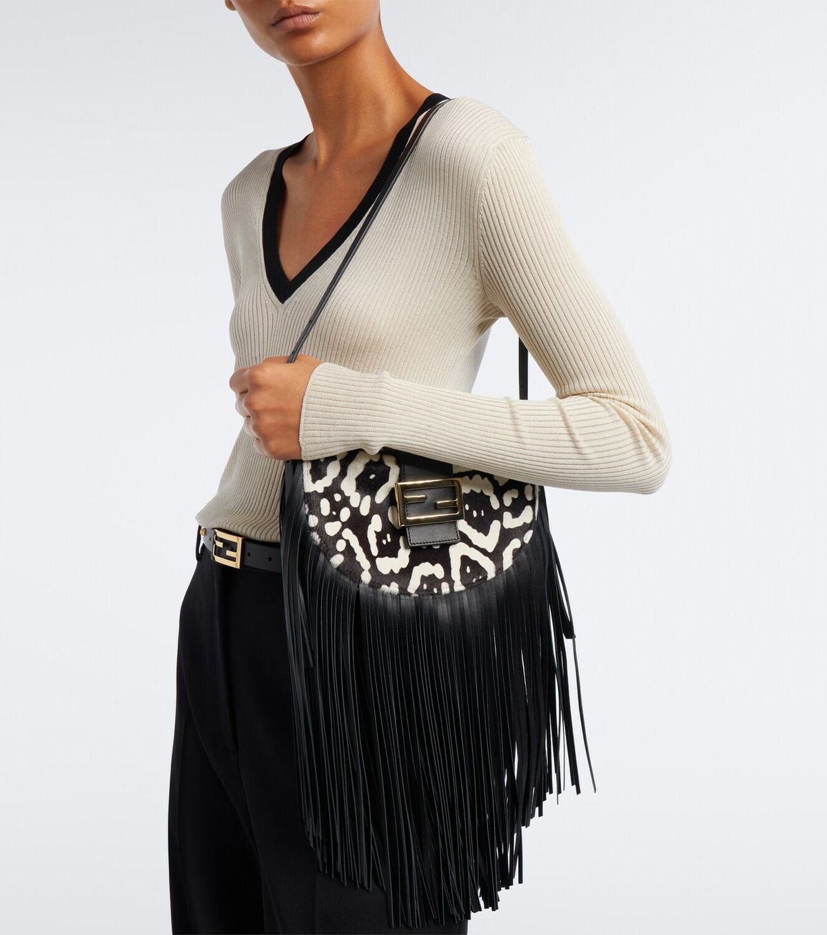 Fendi Croissant fringed calf hair shoulder bag