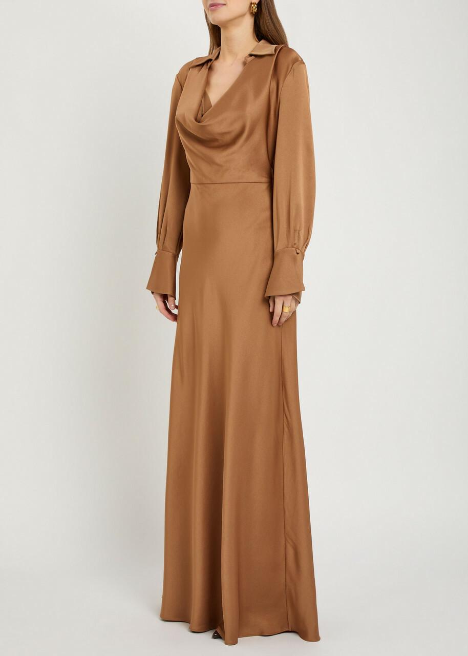 Simkhai Adelle Draped Satin Maxi Shirt Dress Brown