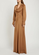 Simkhai Adelle Draped Satin Maxi Shirt Dress Brown