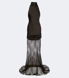 De La Vali Eldra ruched lace-trimmed satin maxi dress