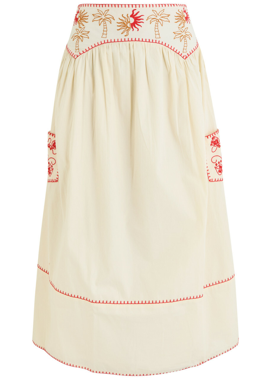 Never Fully Dressed Pollenca Embroidered Cotton Midi Skirt White
