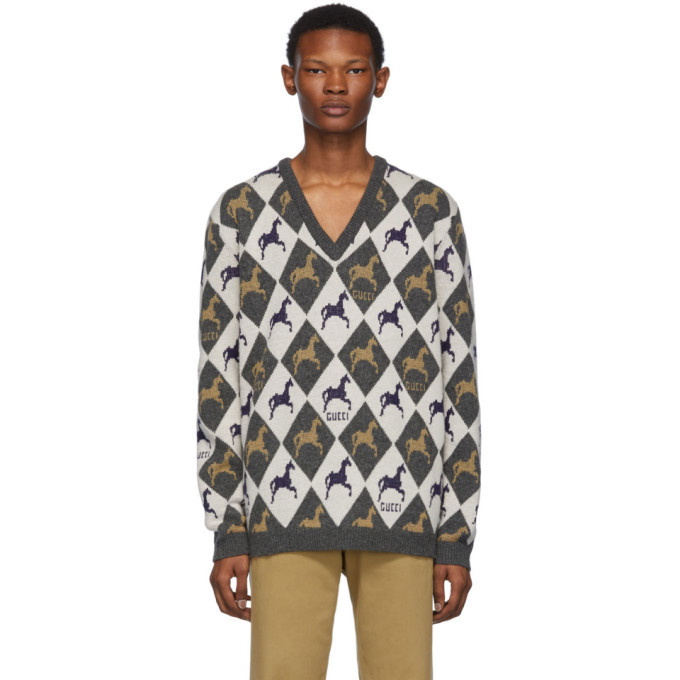 Photo: Gucci Beige and Grey Horse Jacquard Knit Sweater