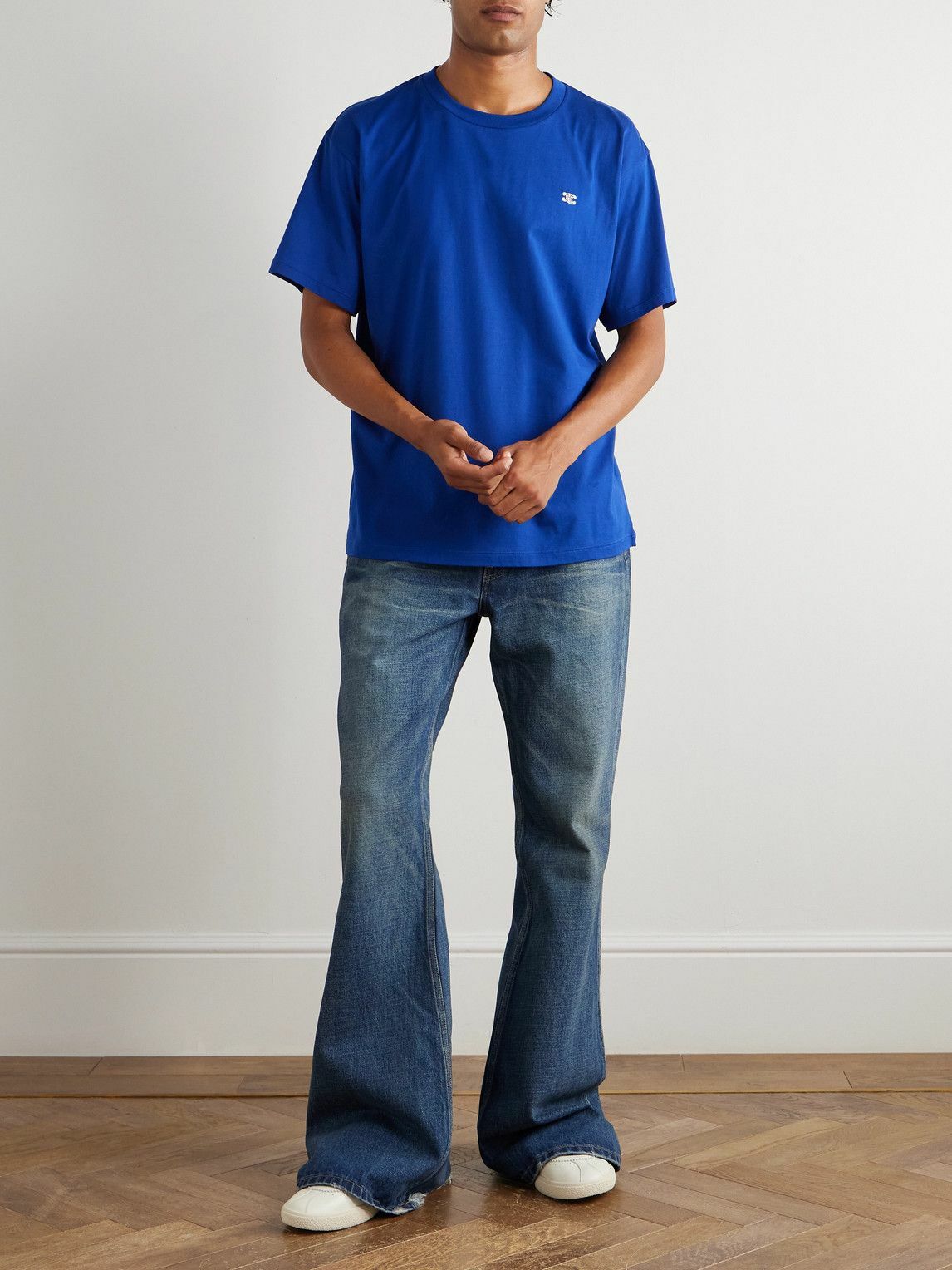 CELINE - Triomphe Logo-Embroidered Cotton-Jersey T-Shirt - Blue