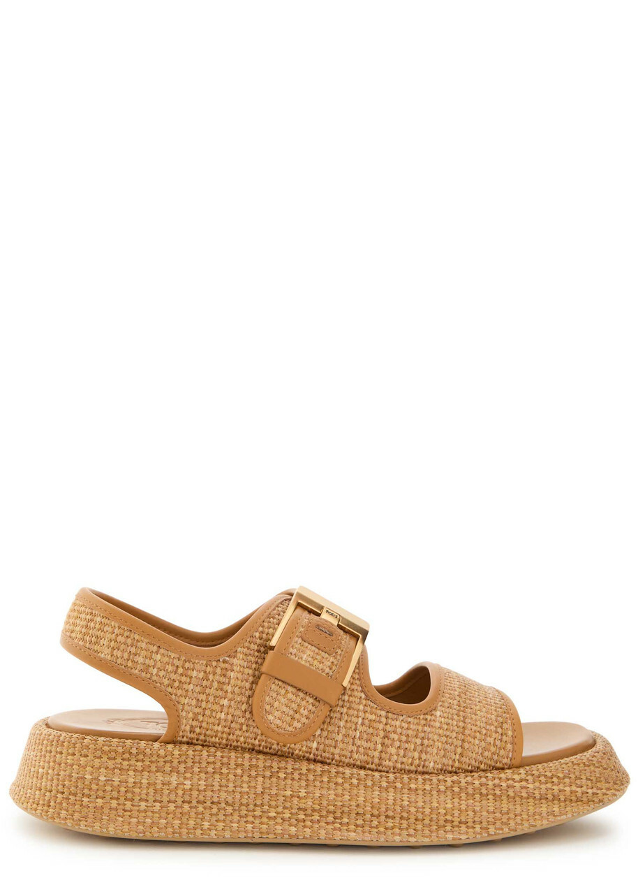 Tods Sandalo Leather-trim Raffia Flatform Sandals Camel