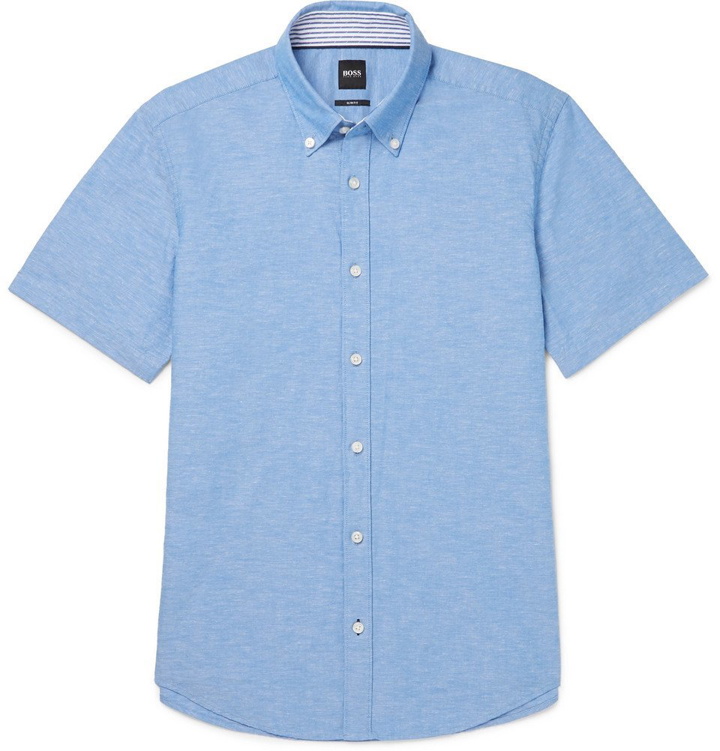 Photo: Hugo Boss - Roddy Slim-Fit Button-Down Collar Cotton and Linen-Blend Shirt - Blue