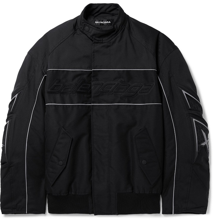 Photo: Balenciaga - Oversized Logo-Appliquéd Piped Padded Tech-Cotton Bomber Jacket - Black