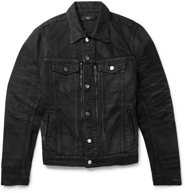 Photo: AMIRI - MX2 Leather-Panelled Distressed Denim Jacket - Black