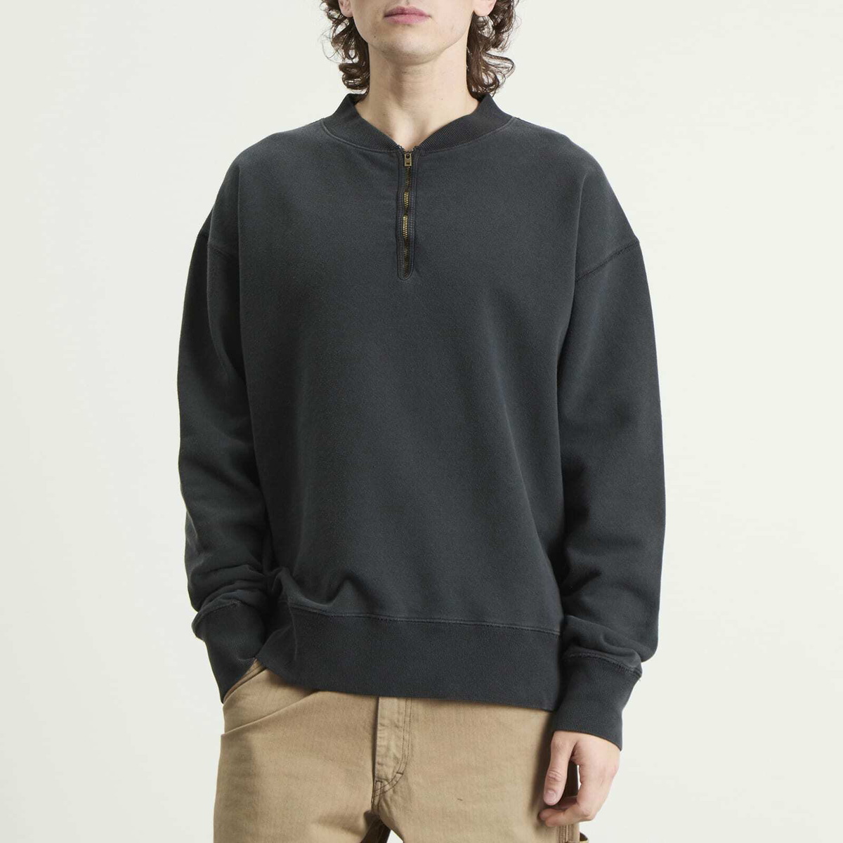 Maison Margiela Men's Zip Neck Washed Sweatshirt in Vintage Carbon