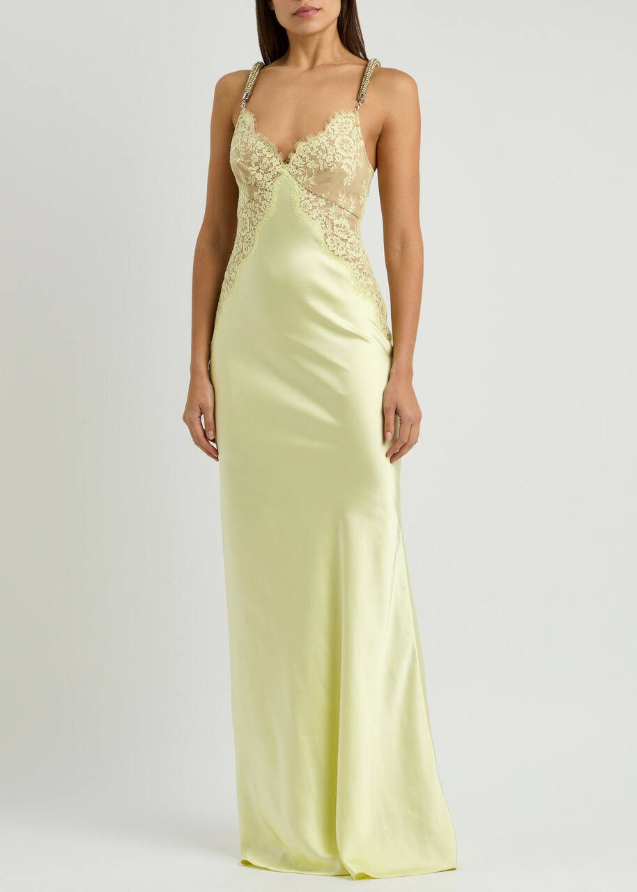 Self-Portrait：Yellow satin lace Maxi dress Yellow Lace Satin Maxi Dress – self-portrait-US