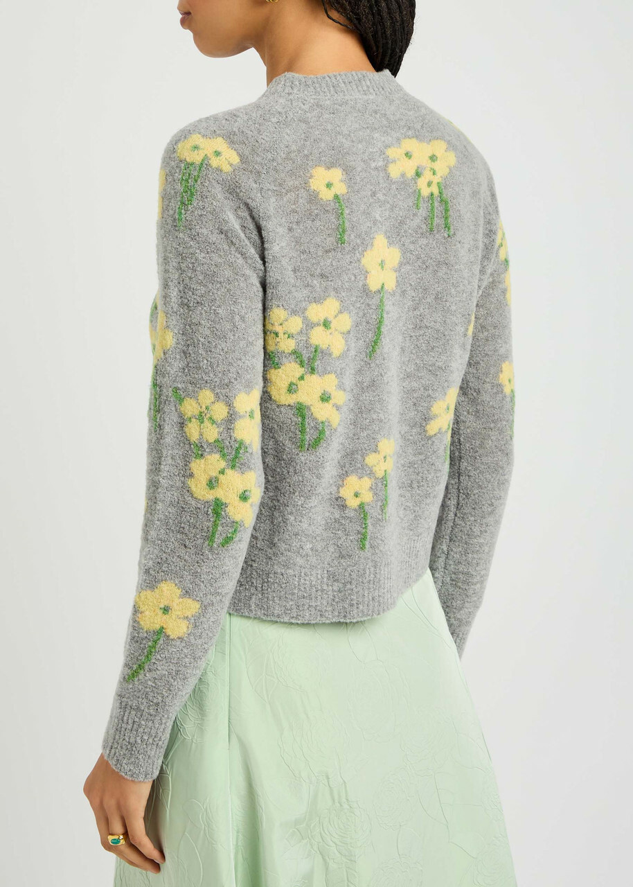 Bernadette Nonna Floral-intarsia Wool-blend Cardigan Grey