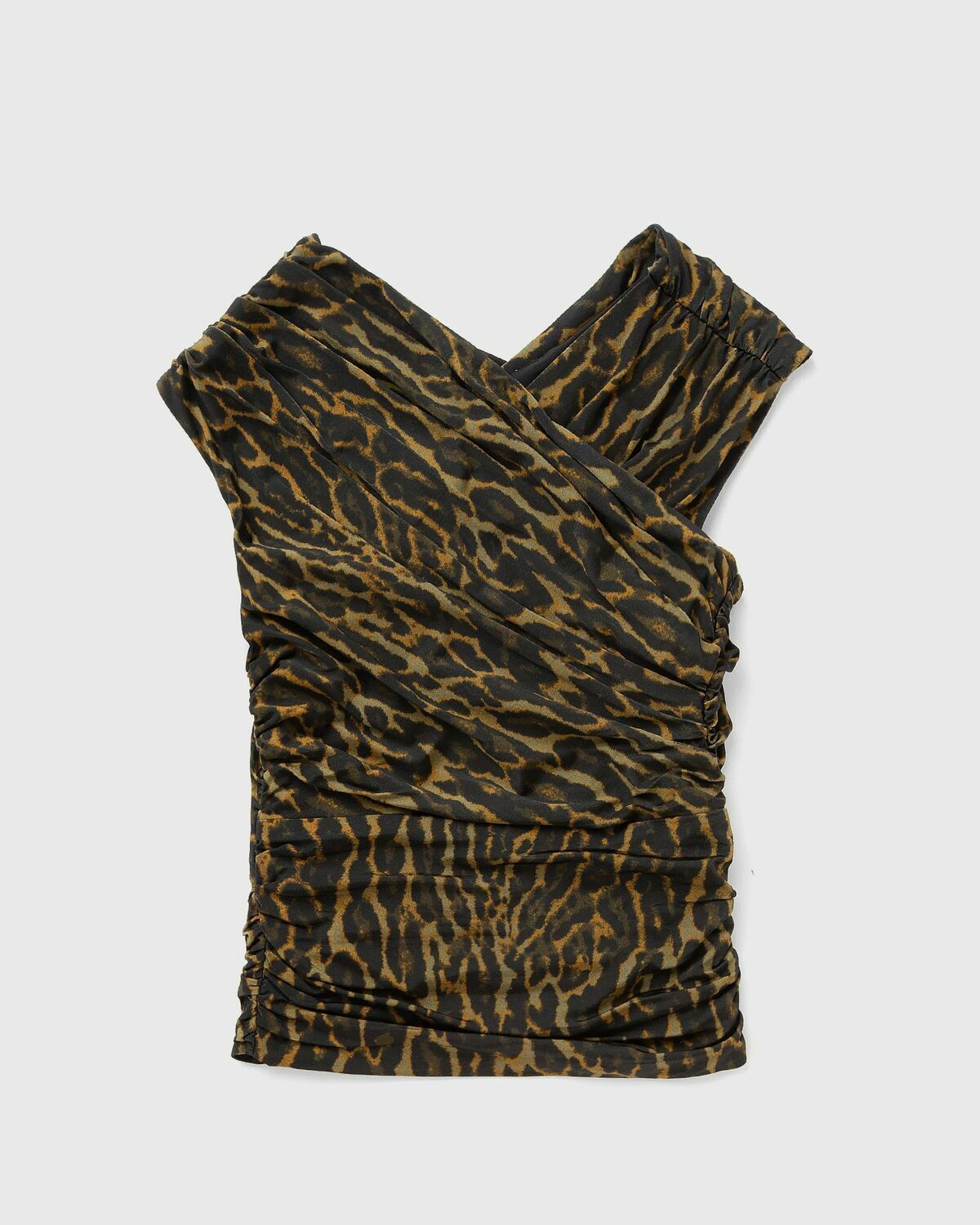 Ganni Printed Shiny Jersey Sleeveless Ruched Blouse black/brown Womens Tops & Tank
