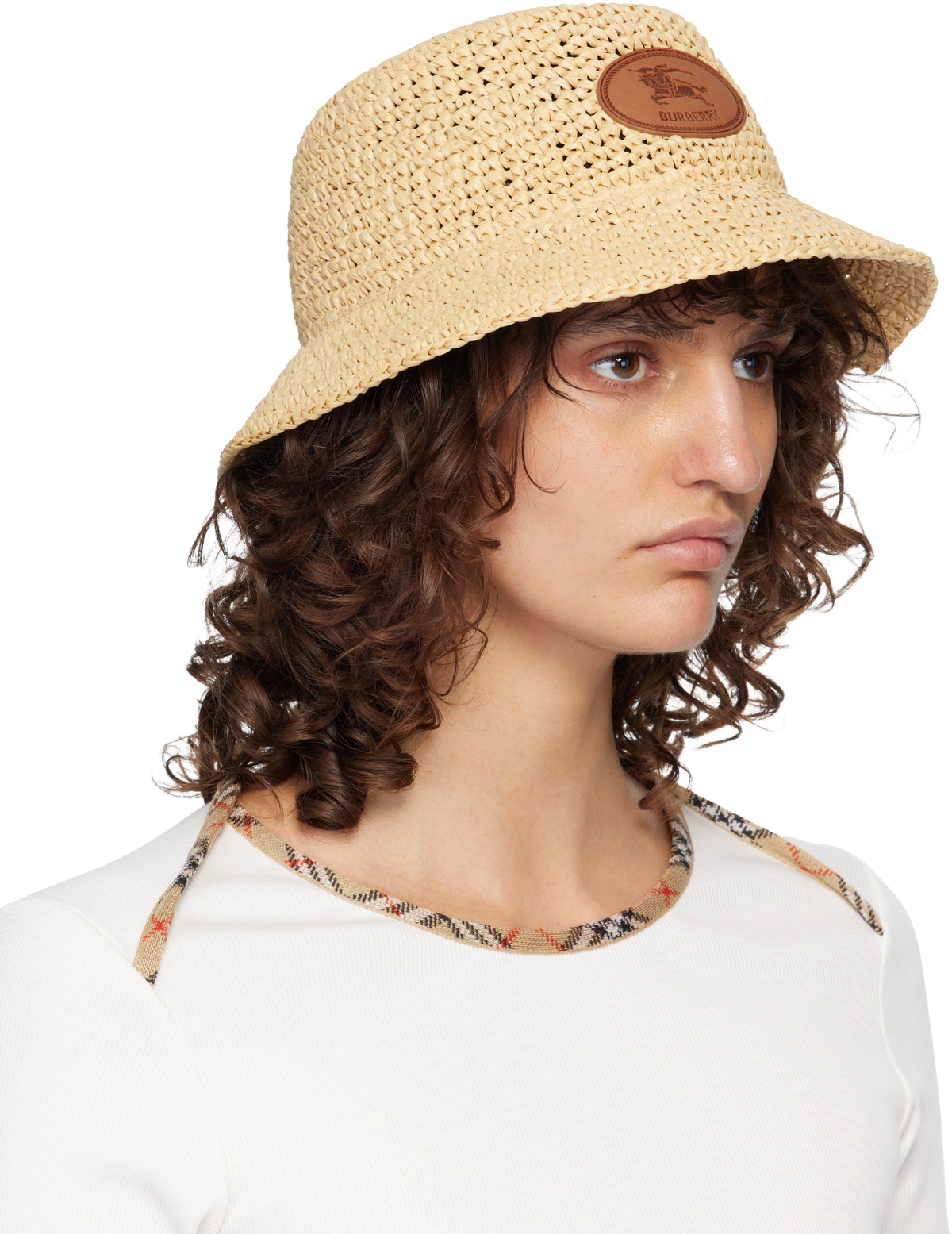 Burberry Beige Knight Stamp Raffia-Effect Bucket Hat