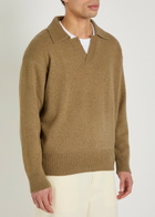 Boss Open Collar Wool Polo Jumper Khaki