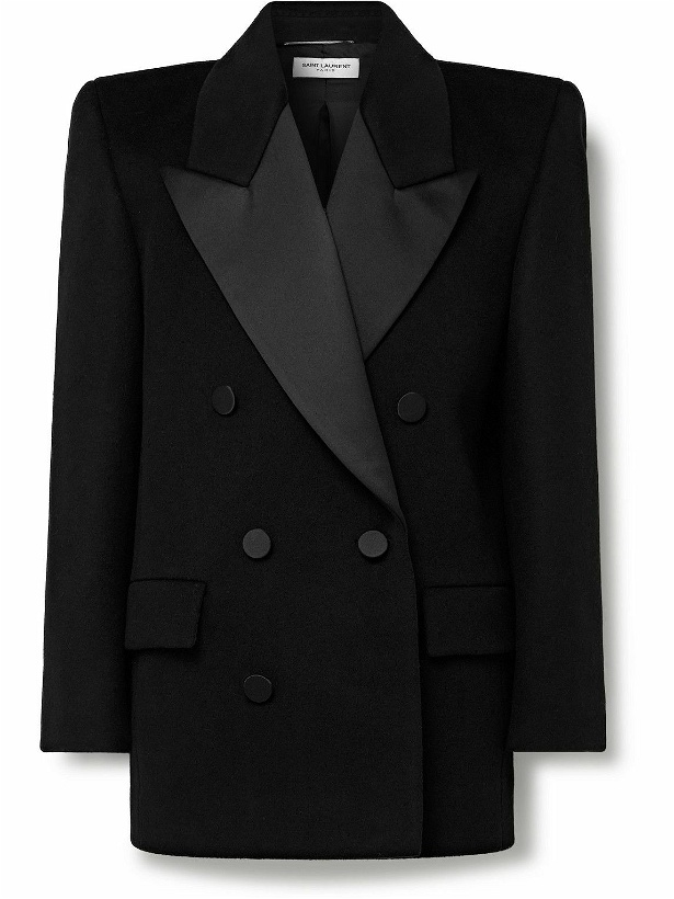 Photo: SAINT LAURENT - Double-Breasted Satin-Trimmed Wool Coat - Black