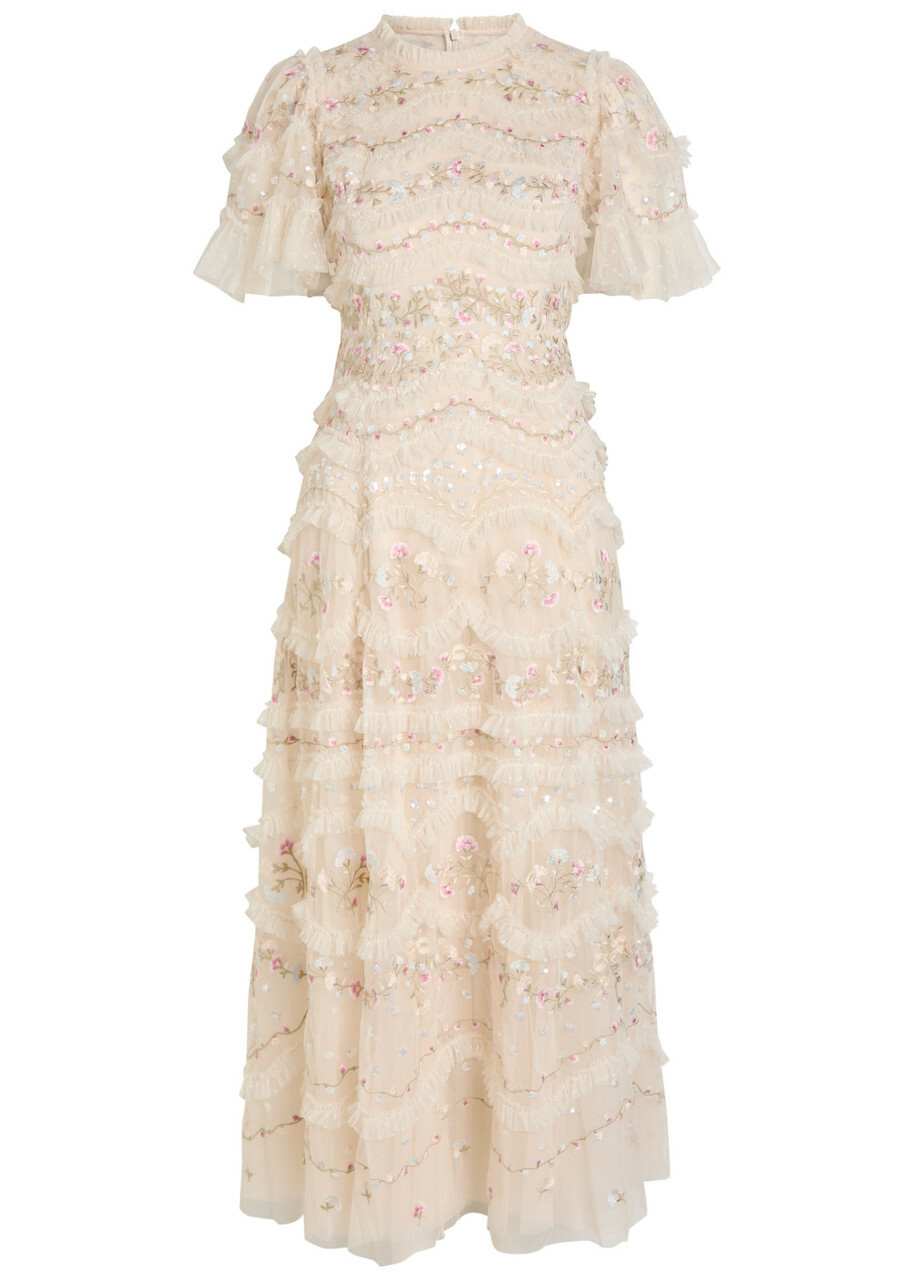Needle & Thread Marina Ruffled Floral Embellished Tulle Gown Cream