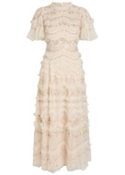 Needle & Thread Marina Ruffled Floral Embellished Tulle Gown Cream