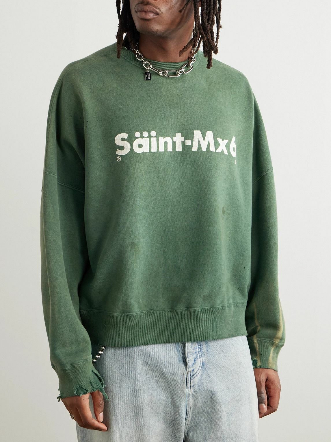 SAINT Mxxxxxx - Logo-Print Distressed Cotton-Jersey Sweatshirt