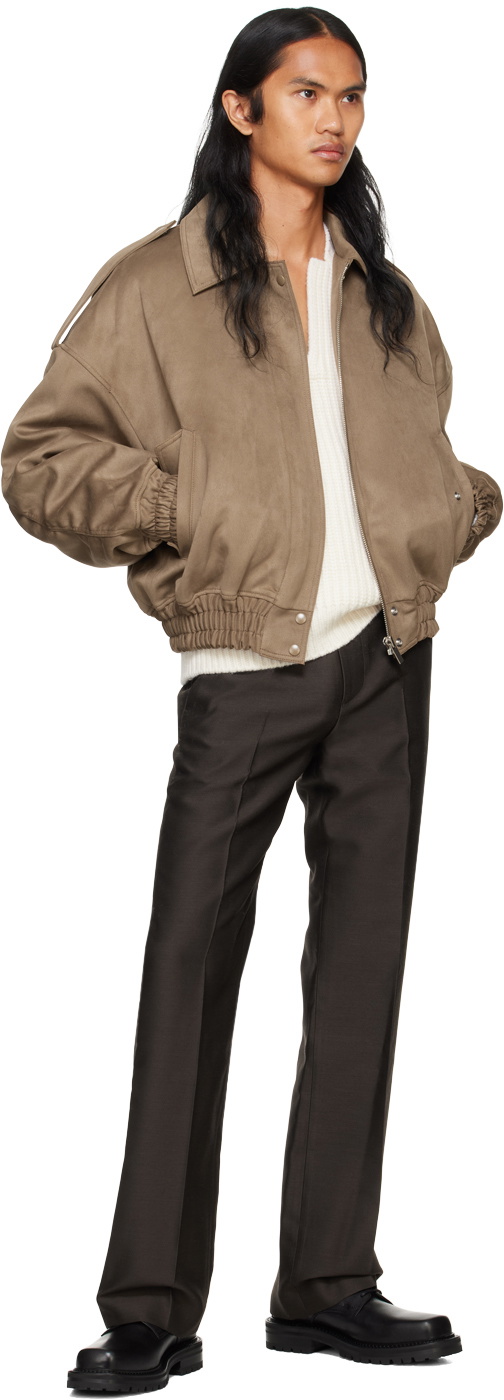 System Brown Spread Collar Faux-Leather Bomber Jacket