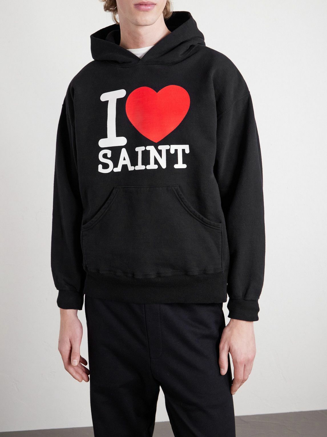 SAINT MXXXXXX - I Love Saint Logo-Print Cotton-Jersey Hoodie - Black