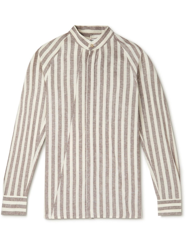 Photo: Kiton - Grandad-Collar Striped Linen-Blend Canvas Shirt - Brown
