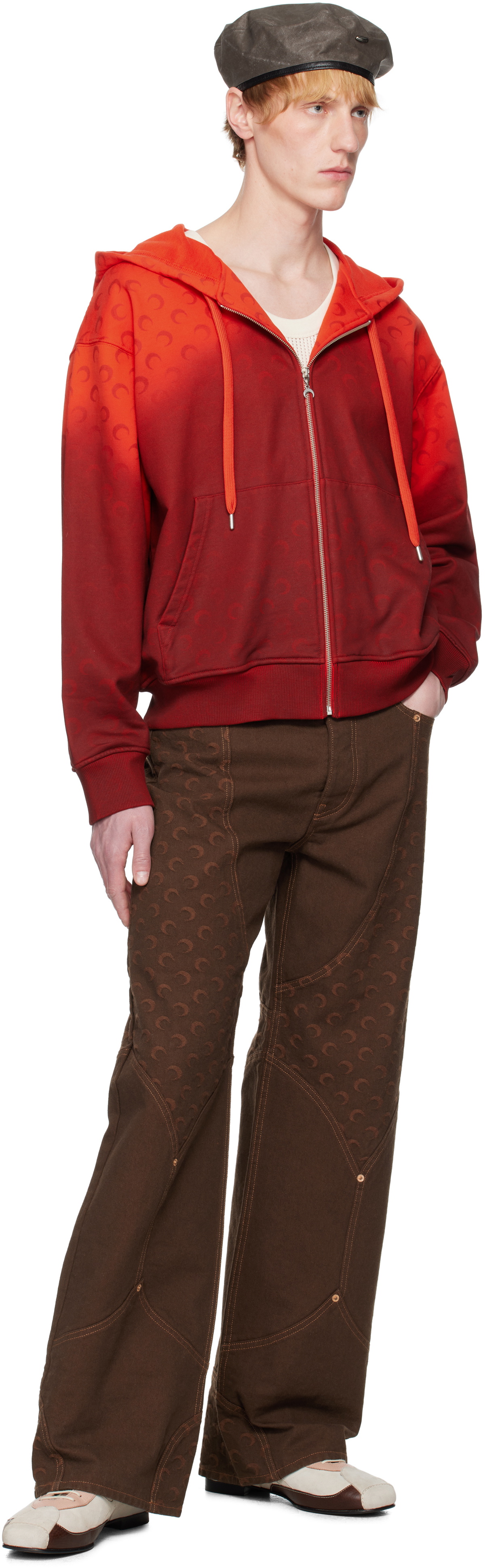 Marine Serre Red Moon Faded Fleece Zipped Hoodie