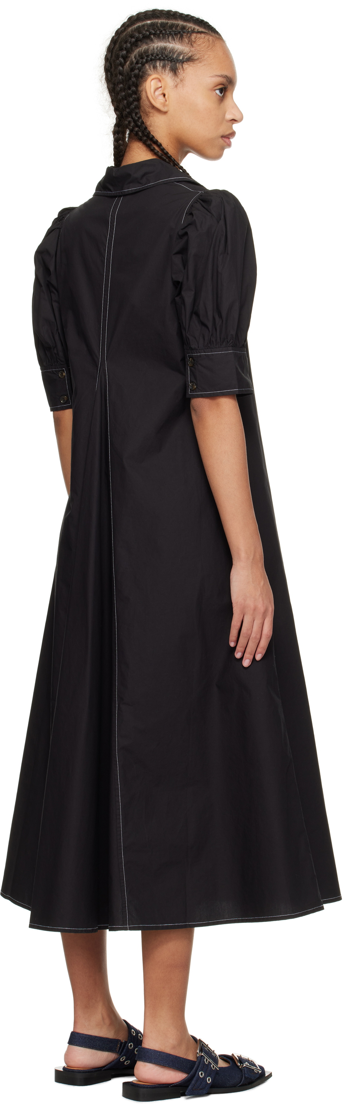 ganni v neck midi dress GANNI Black Cotton Poplin V-Neck Midi Dress GANNI