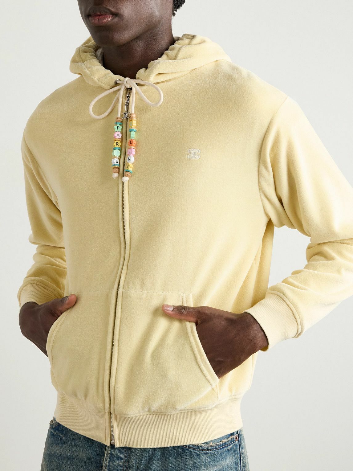 CELINE - Logo-Embroidered Cotton-Blend Velour Zip-Up Hoodie - Yellow