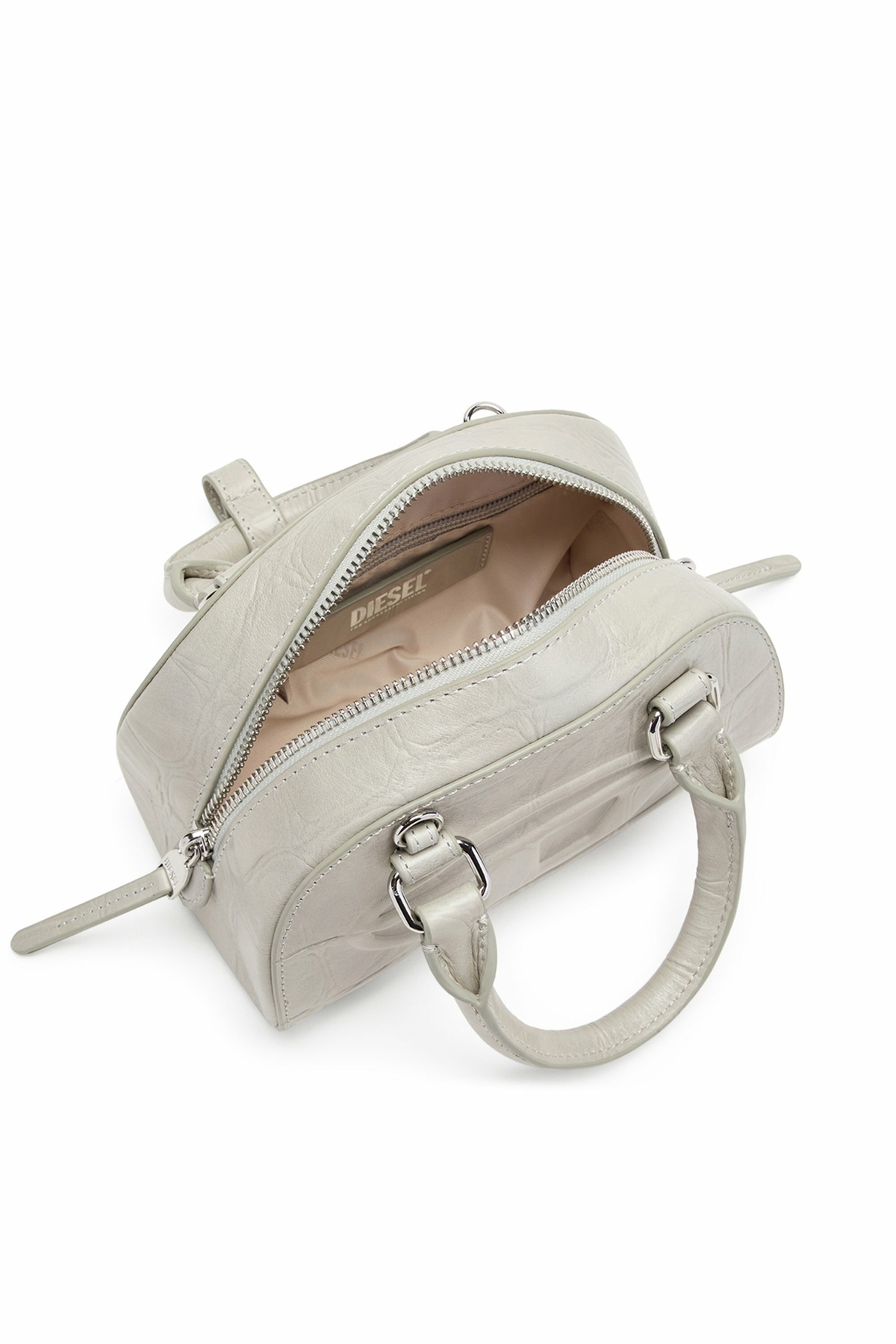Diesel 1DR Dome-Mini bowling bag in croc-effect leather - Crossbody Bags Womens in Grey