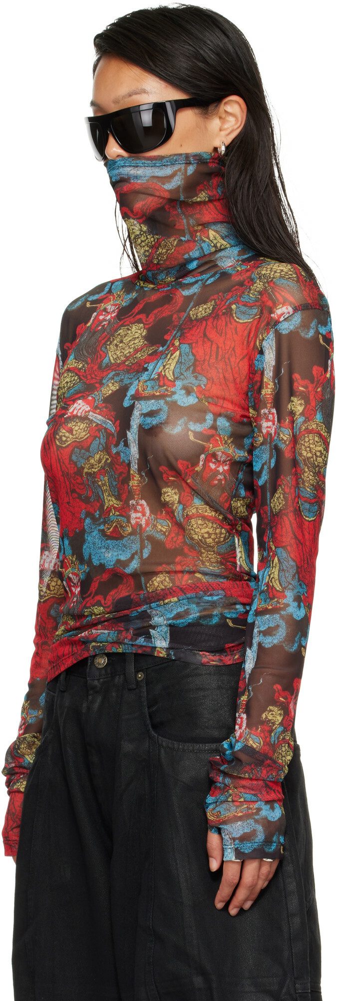 LU'U DAN Red Masked Mesh Turtleneck