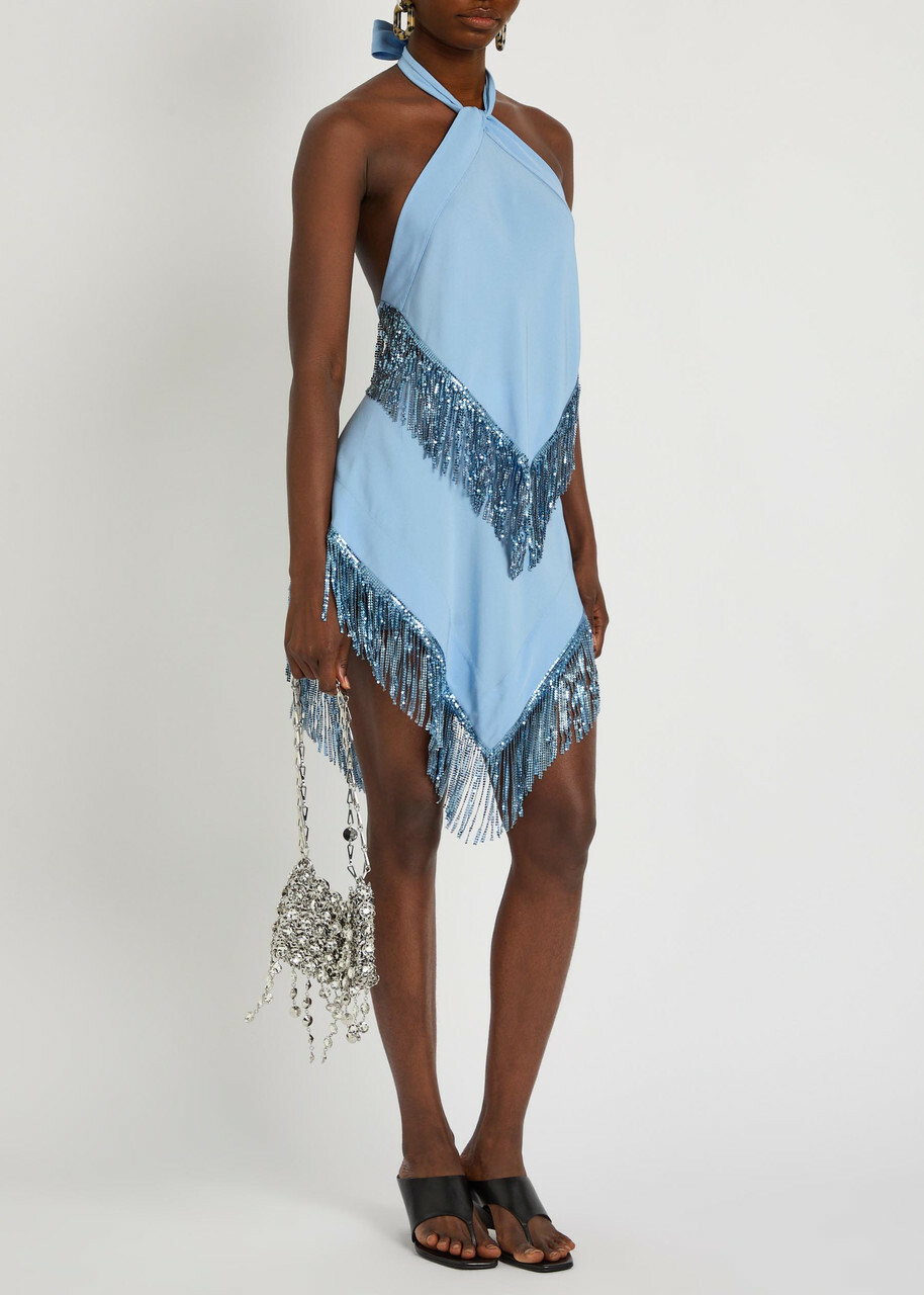 Rabanne Fringed Chains Asymmetric Woven top Blue
