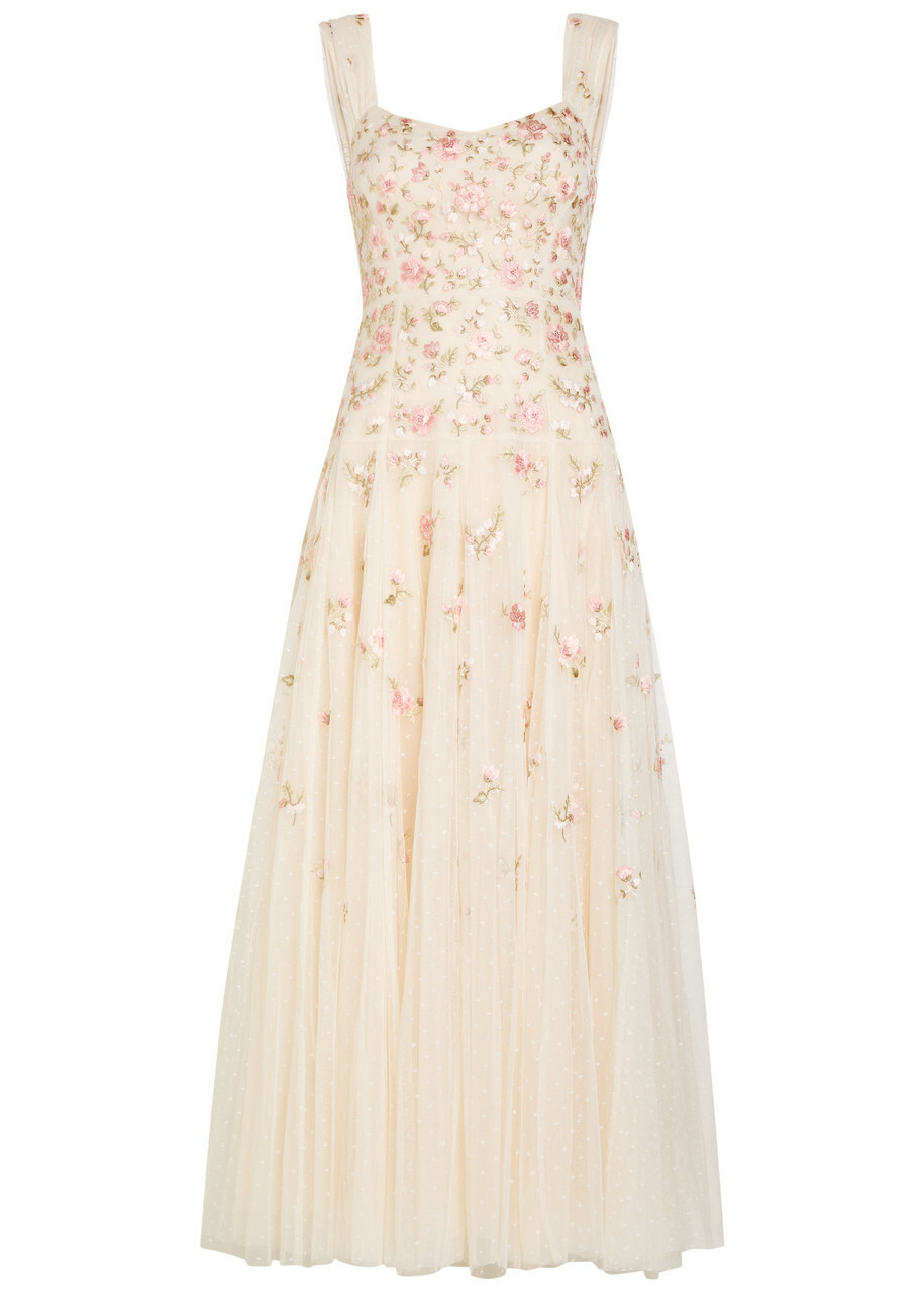 Needle & Thread Mayflower Ditsy Floral-embroidered Tulle Gown Cream