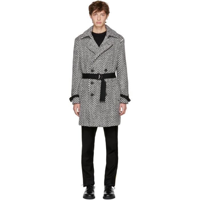 Photo: Saint Laurent Black and White Double-Breasted Chevron Trench Coat