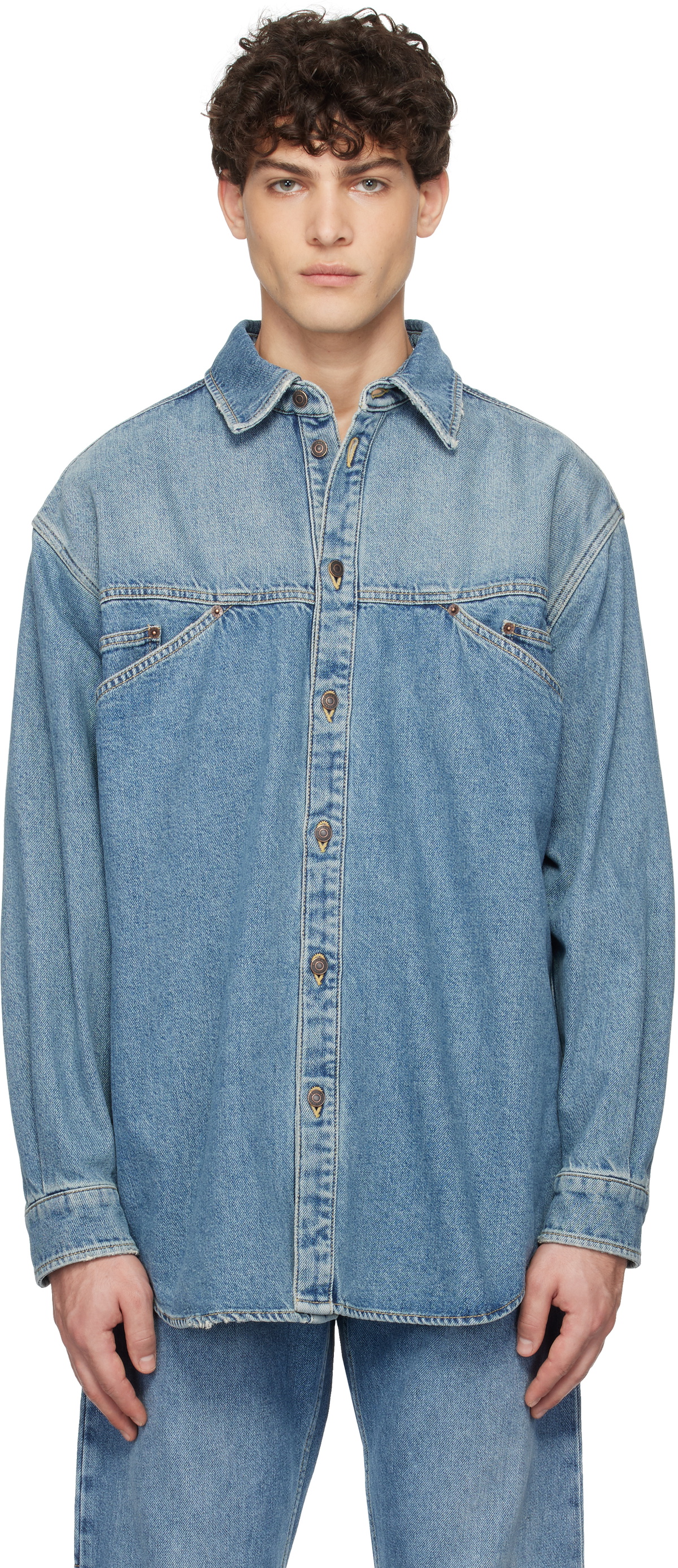 Moschino Blue Laurel Crown Emblem Denim Shirt