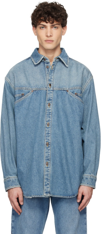 Photo: Moschino Blue Laurel Crown Emblem Denim Shirt