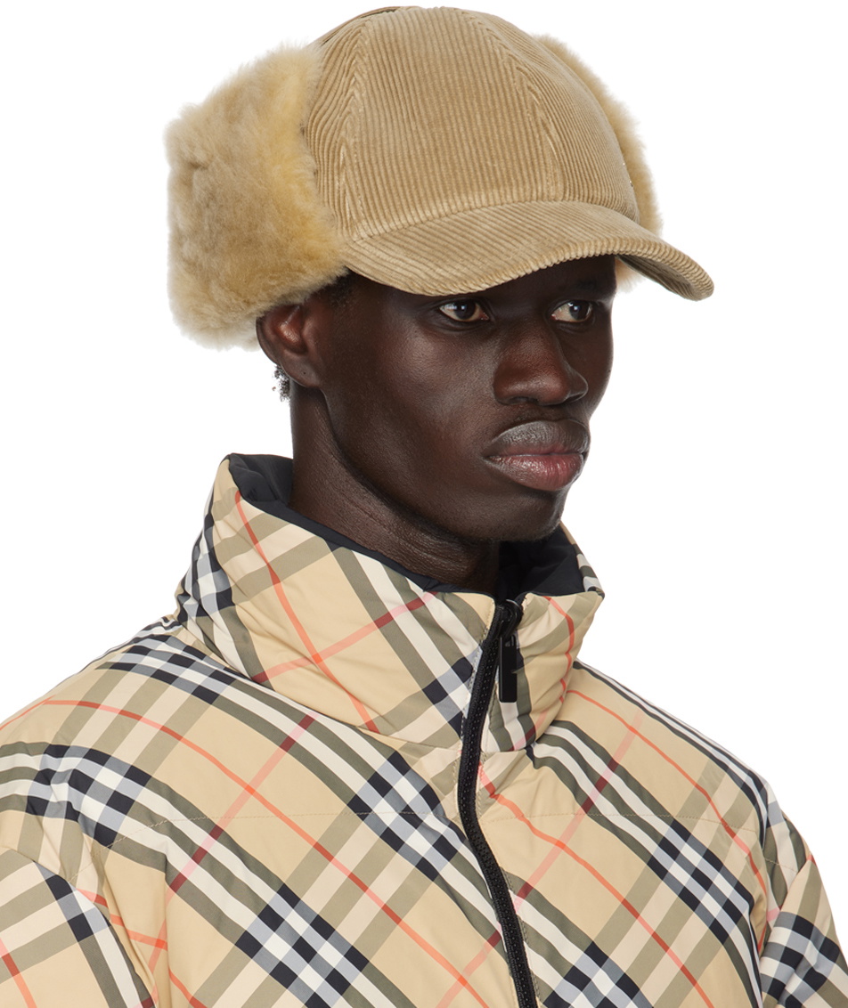 Burberry Beige Shearling Trim Corduroy Trapper Cap Burberry