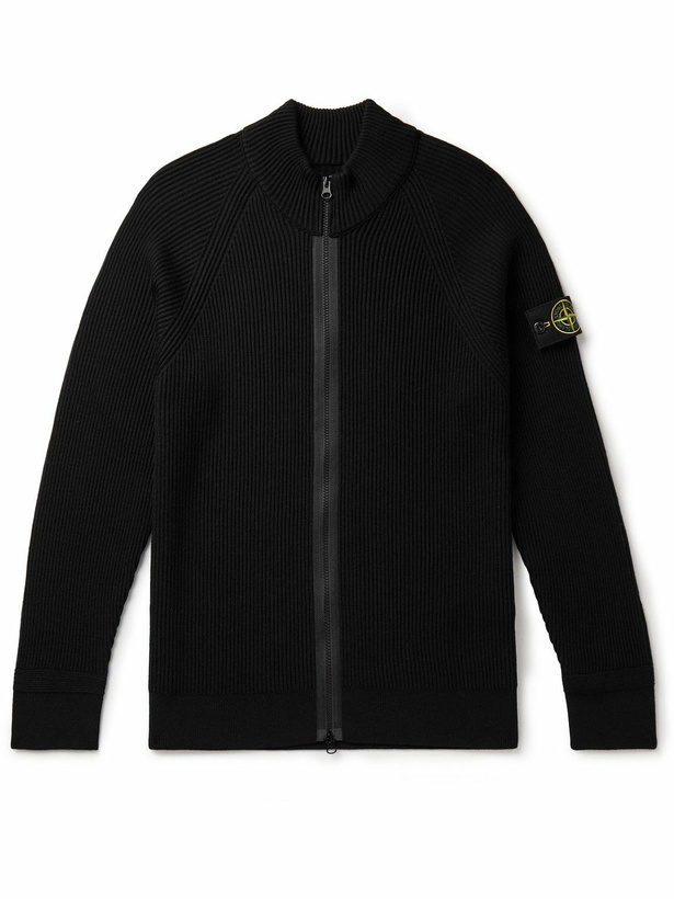 Photo: Stone Island - Logo-Appliquéd Ribbed Wool Zip-Up Cardigan - Black