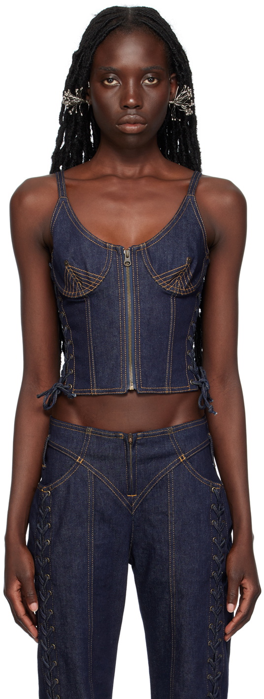 Jean Paul Gaultier Indigo 'The Lace-Up' Denim Tank Top Jean Paul Gaultier