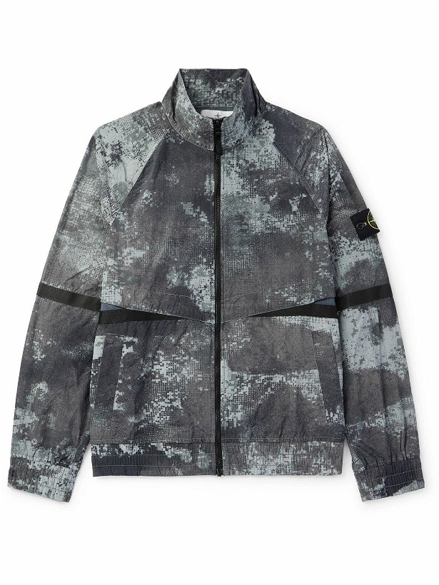 Photo: Stone Island - Mesh-Trimmed Logo-Appliquéd Camouflage-Print Shell Bomber Jacket - Gray