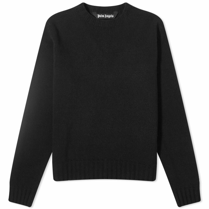 Photo: Palm Angels Men's Curved Logo Crew Knit in Black/White