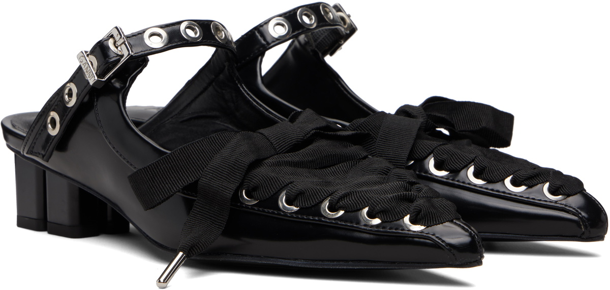 GANNI Black Eyelets Lace Up Mule Heels