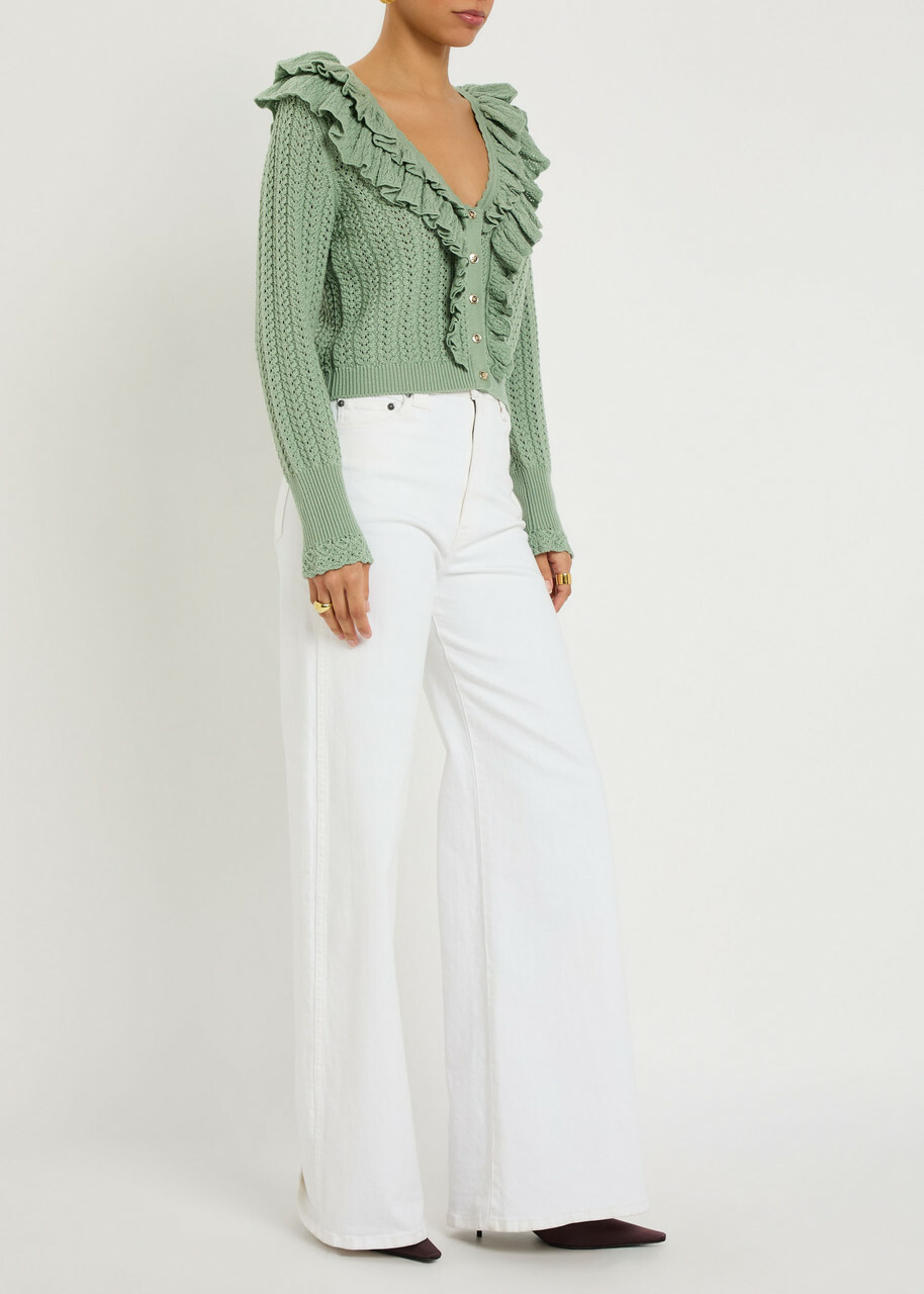 Alice + Olivia Eileen Ruffled Wool Cardigan Green
