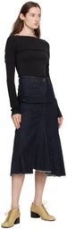 LOW CLASSIC Indigo Raw Edge Denim Midi Skirt
