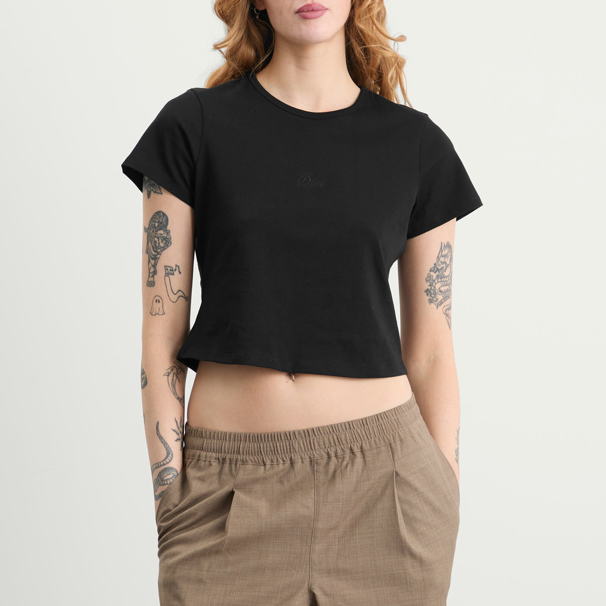 Dime Women's Cursive Baby T-Shirt in Black