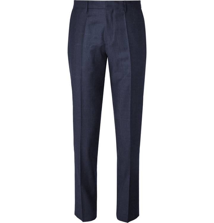 Photo: Hugo Boss - Navy Cropped Slim-Fit Checked Wool Trousers - Blue
