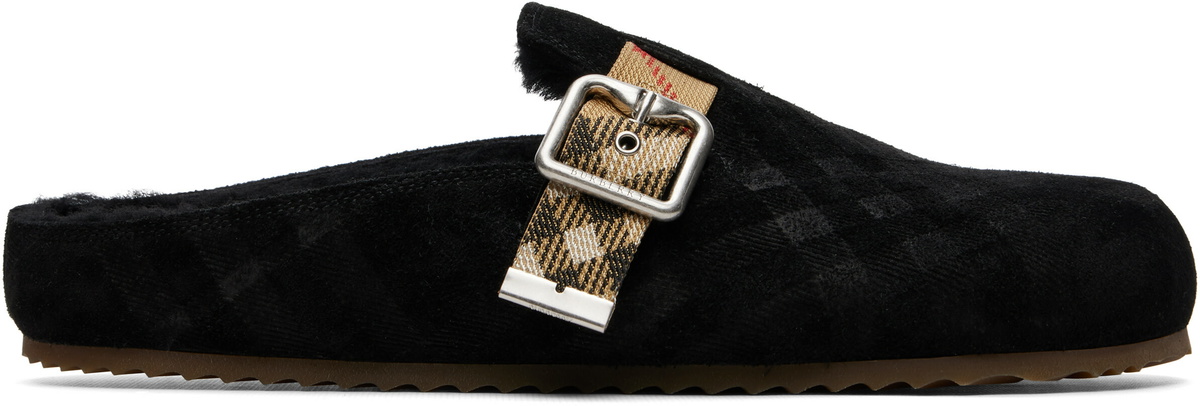 Burberry Black Check Shearling Urchin Clogs