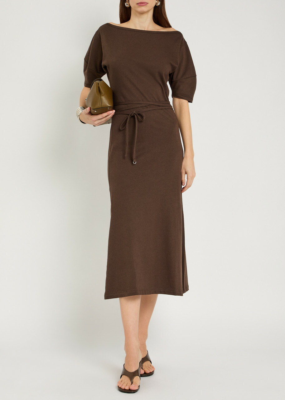 Lemaire Belted Off-the-shoulder Cotton-blend Midi Dress Dark Brown
