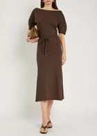 Lemaire Belted Off-the-shoulder Cotton-blend Midi Dress Dark Brown